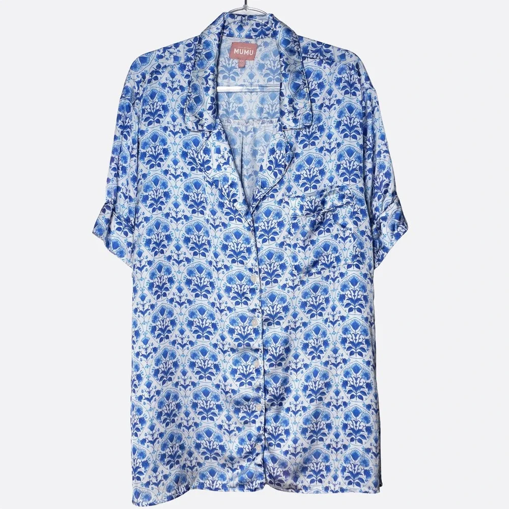 Show Me Your Mumu Satin Button Up Top Plus 3X 22 24 Floral Blue White Blouse - Picture 2 of 9